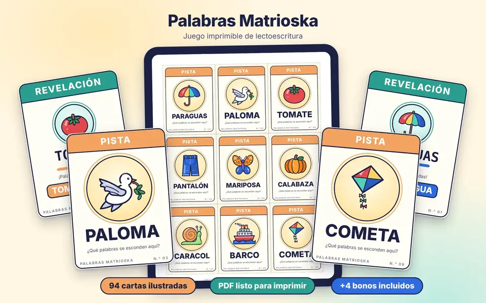 Palabras Matrioska: cartas ilustradas en una tablet y cartas impresas alrededor