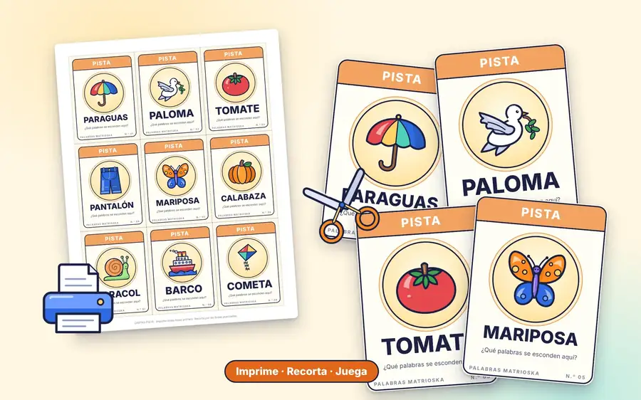 Hoja lista para imprimir y recortar con cartas pista y revelación